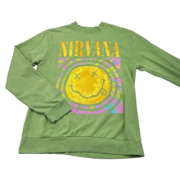 Nirvana Smiley Face Green Crewneck Sweatshirt Women's size Medium Pullover - Picture 1 of 4